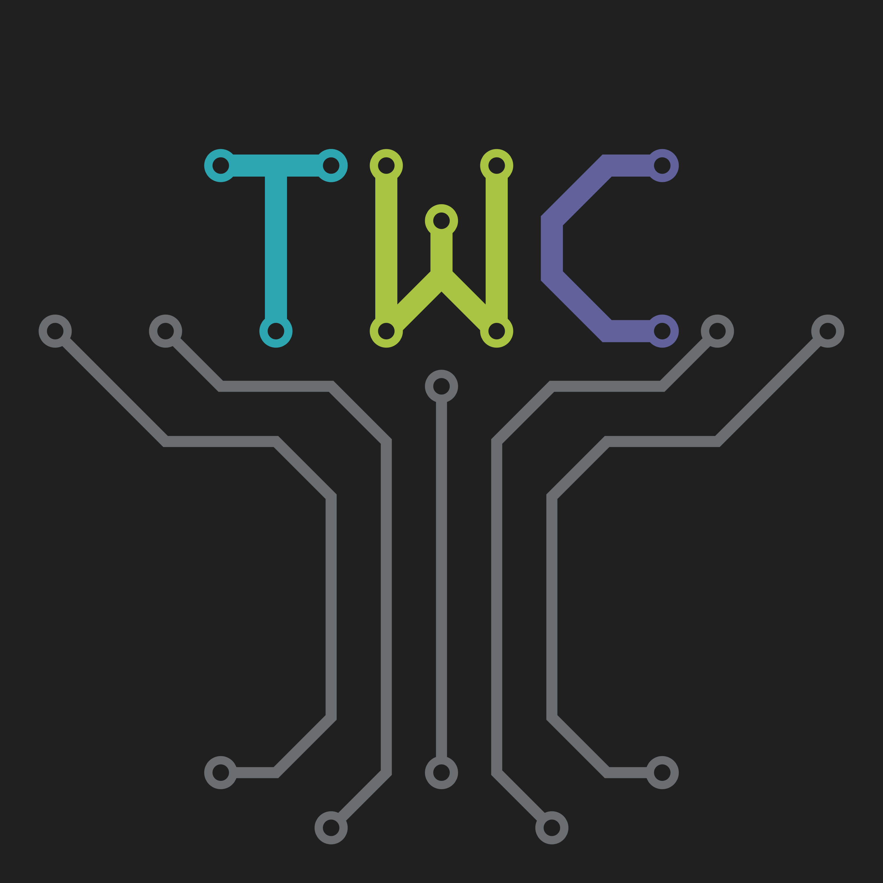 the letters t, w, and c drawn as circuit traces, supported by a circuit trace drawing of a tree trunk